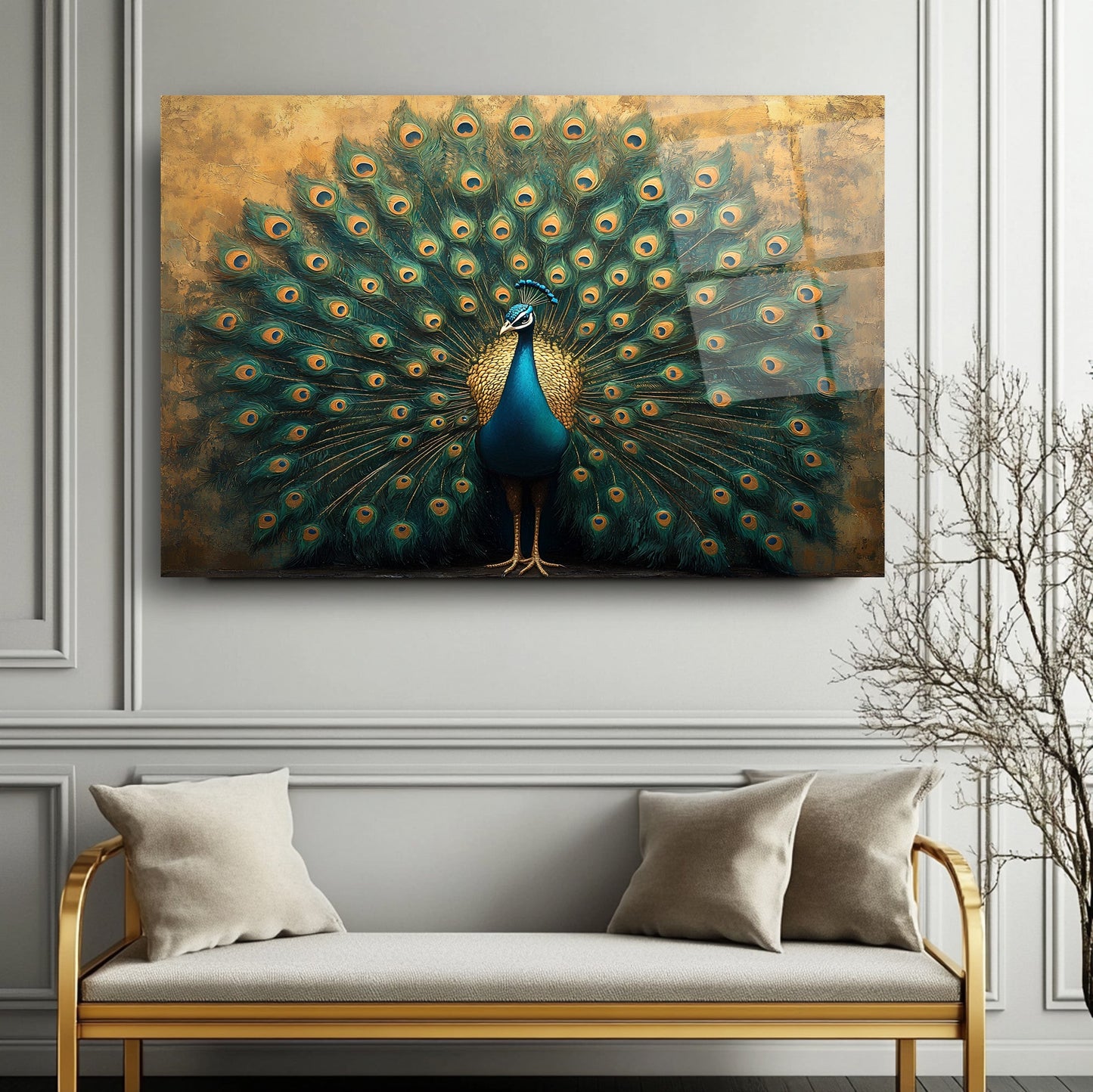 Gold Yeşil Tavus Kuşu Cam Tablo