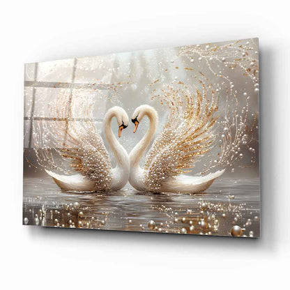 İnci Detaylı Gold Kuğular Cam Tablo