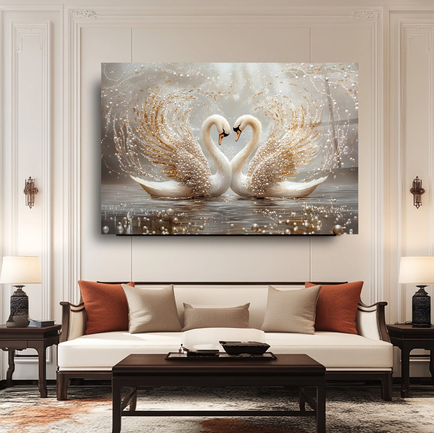 İnci Detaylı Gold Kuğular Cam Tablo