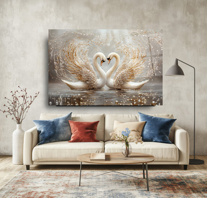 İnci Detaylı Gold Kuğular Cam Tablo