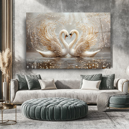 İnci Detaylı Gold Kuğular Cam Tablo