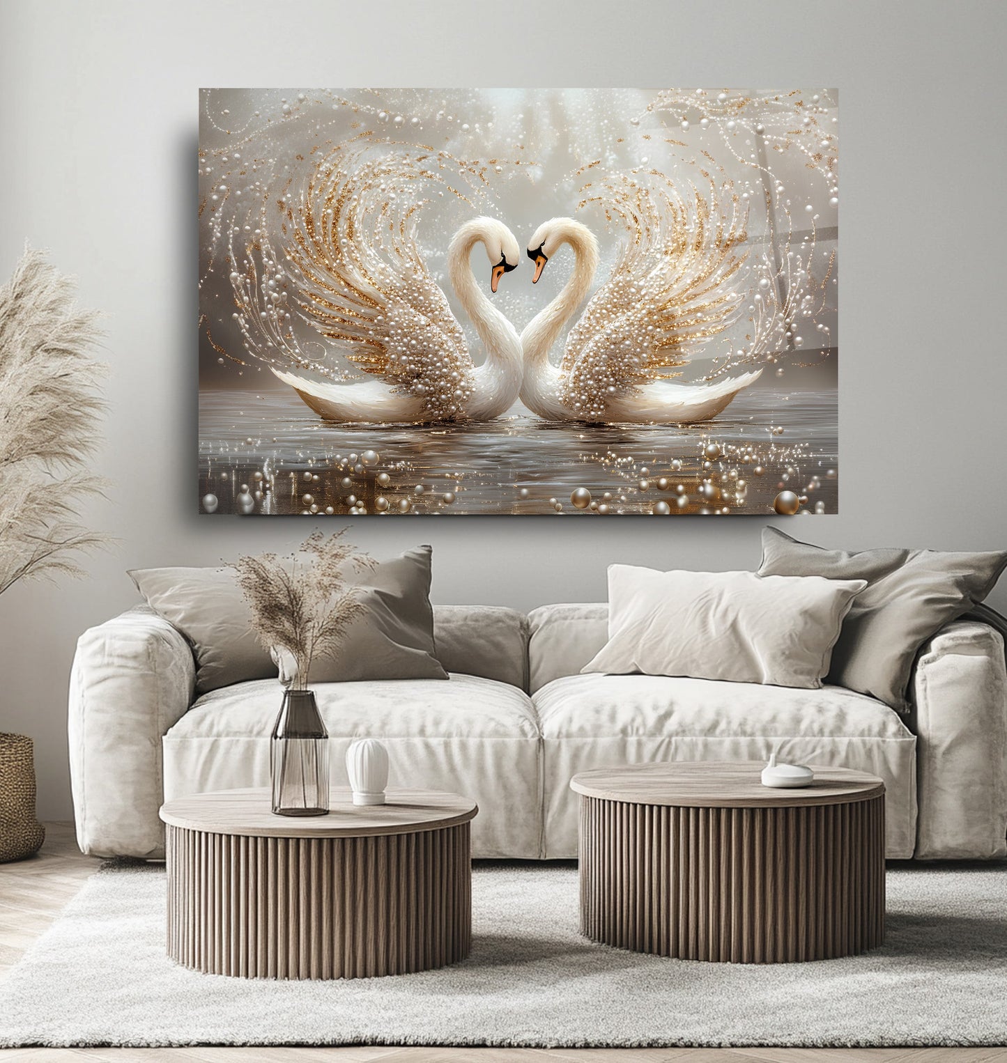 İnci Detaylı Gold Kuğular Cam Tablo