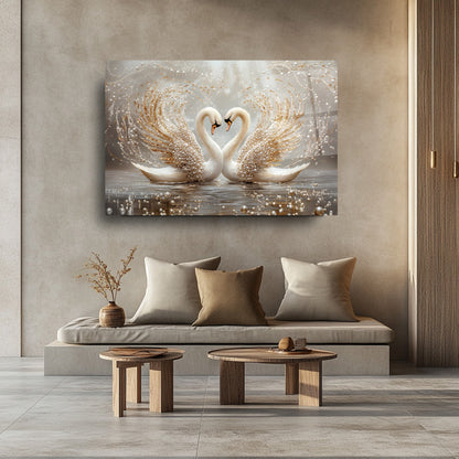 İnci Detaylı Gold Kuğular Cam Tablo