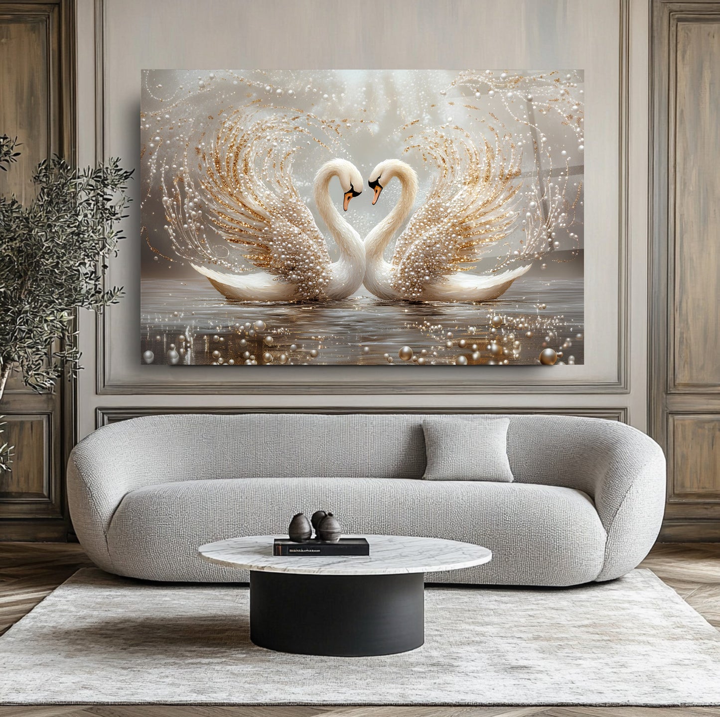 İnci Detaylı Gold Kuğular Cam Tablo