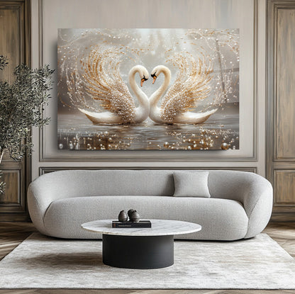 İnci Detaylı Gold Kuğular Cam Tablo