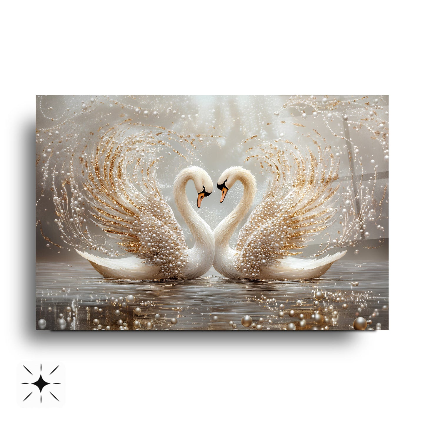 İnci Detaylı Gold Kuğular Cam Tablo