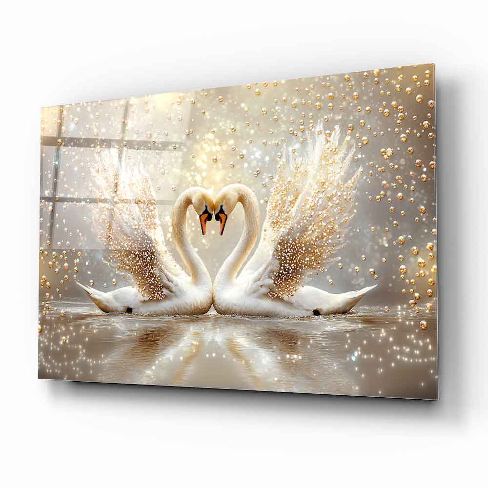 İnci Gold Detaylı Kuğular Cam Tablo