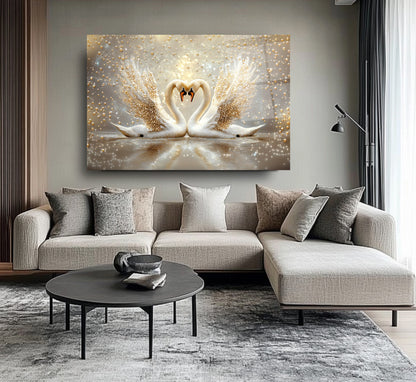 İnci Gold Detaylı Kuğular Cam Tablo