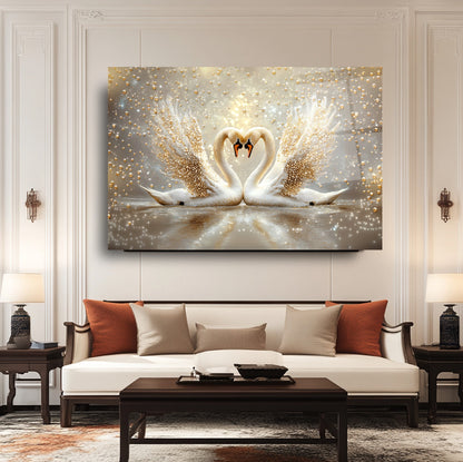 İnci Gold Detaylı Kuğular Cam Tablo