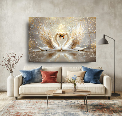 İnci Gold Detaylı Kuğular Cam Tablo