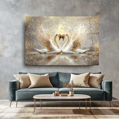 İnci Gold Detaylı Kuğular Cam Tablo