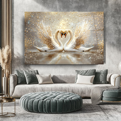 İnci Gold Detaylı Kuğular Cam Tablo