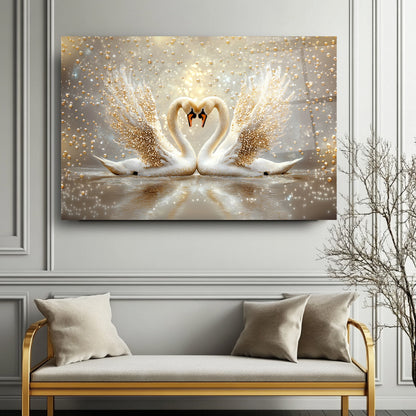 İnci Gold Detaylı Kuğular Cam Tablo