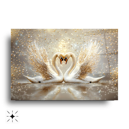 İnci Gold Detaylı Kuğular Cam Tablo