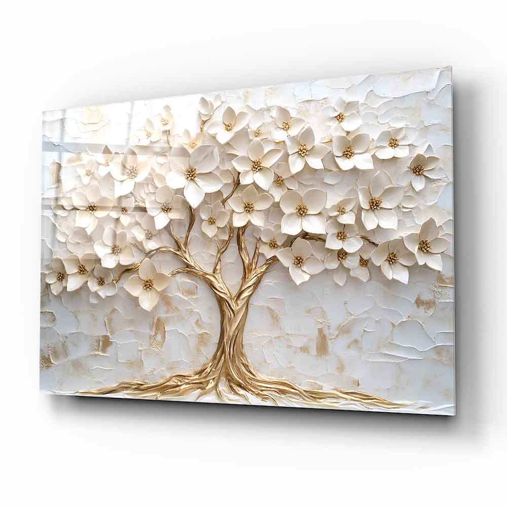 Gold Beyaz Hayat Ağacı Cam Tablo