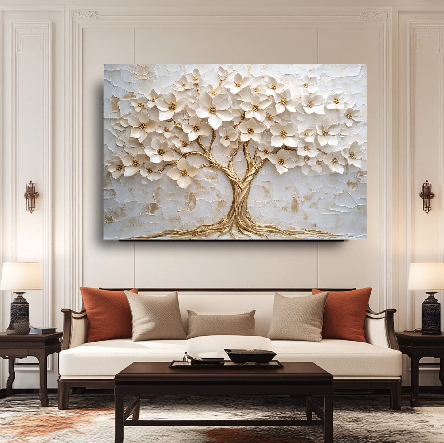 Gold Beyaz Hayat Ağacı Cam Tablo