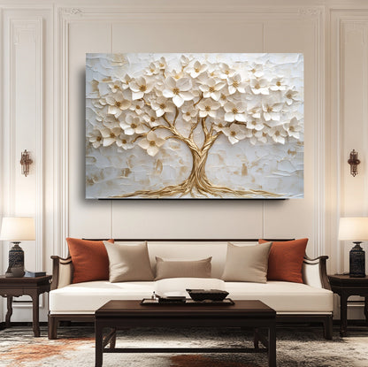Gold Beyaz Hayat Ağacı Cam Tablo