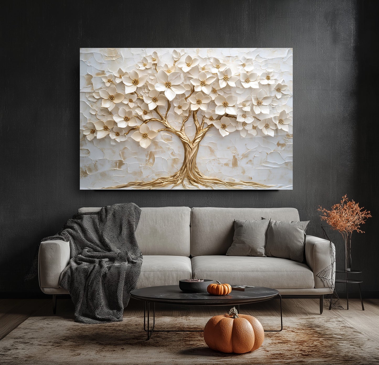 Gold Beyaz Hayat Ağacı Cam Tablo