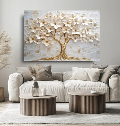 Gold Beyaz Hayat Ağacı Cam Tablo