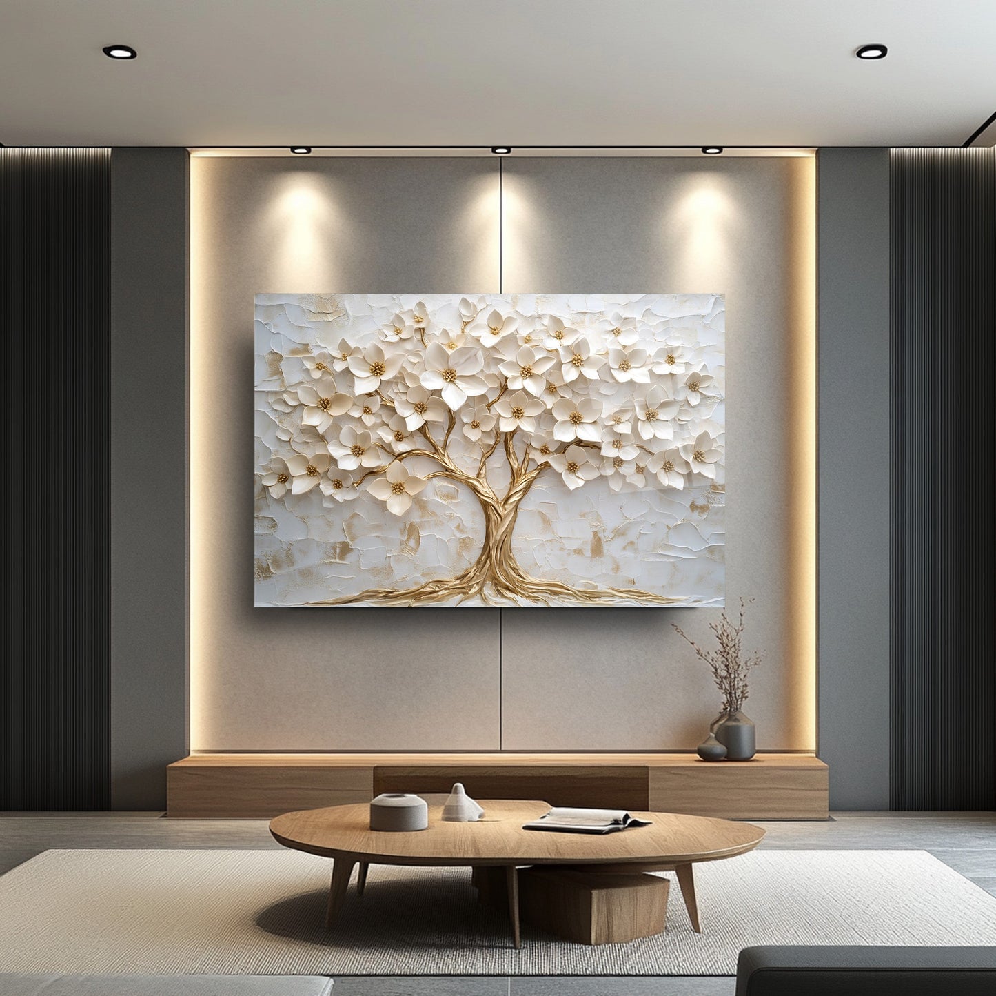 Gold Beyaz Hayat Ağacı Cam Tablo