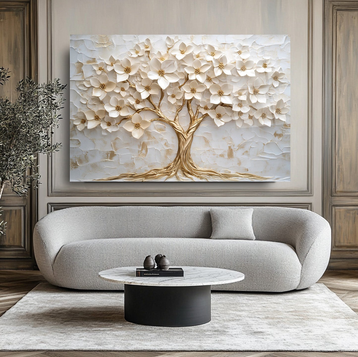 Gold Beyaz Hayat Ağacı Cam Tablo