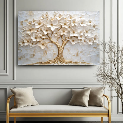 Gold Beyaz Hayat Ağacı Cam Tablo