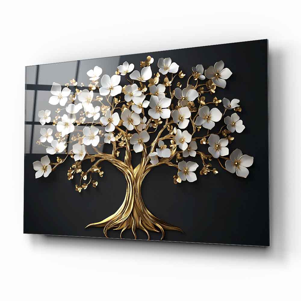 Beyaz Çiçekli Gold Ağaç Cam Tablo