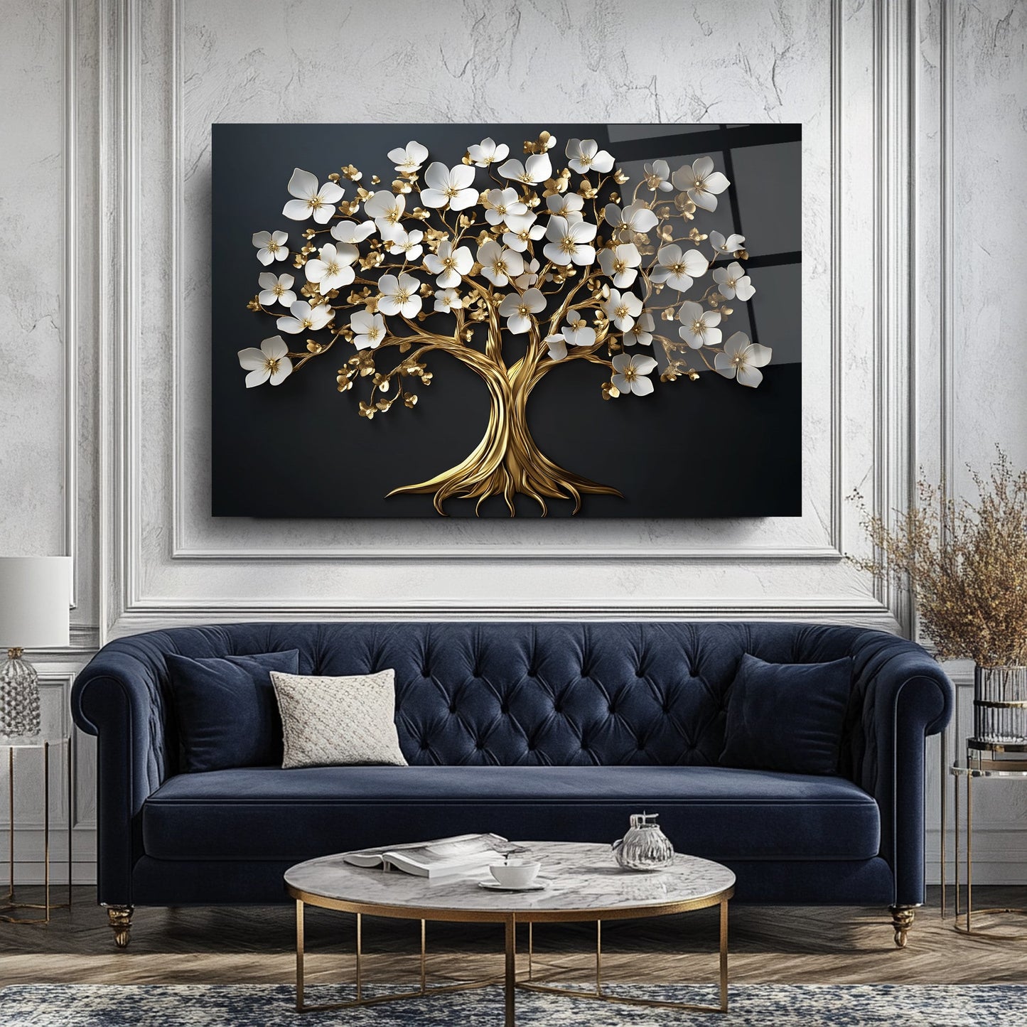 Beyaz Çiçekli Gold Ağaç Cam Tablo