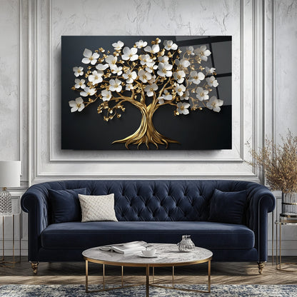 Beyaz Çiçekli Gold Ağaç Cam Tablo