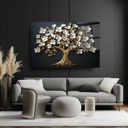 Beyaz Çiçekli Gold Ağaç Cam Tablo