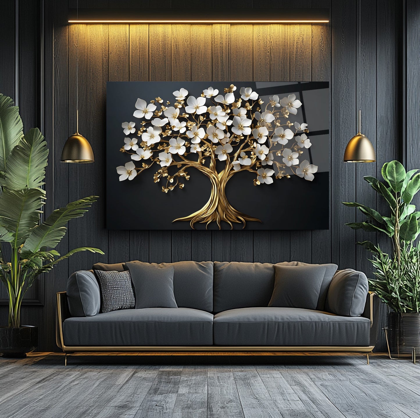 Beyaz Çiçekli Gold Ağaç Cam Tablo