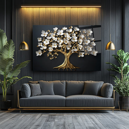 Beyaz Çiçekli Gold Ağaç Cam Tablo