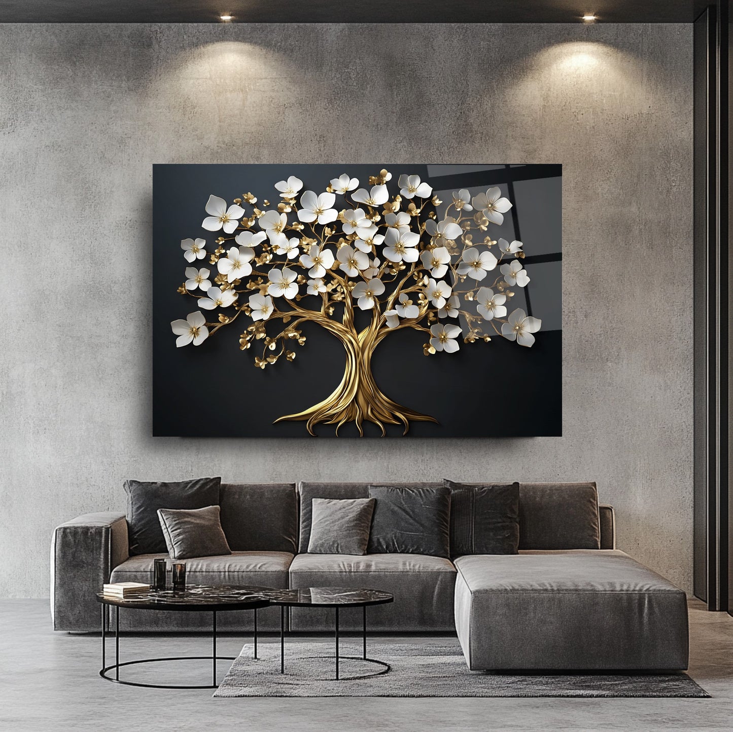 Beyaz Çiçekli Gold Ağaç Cam Tablo