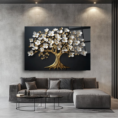 Beyaz Çiçekli Gold Ağaç Cam Tablo