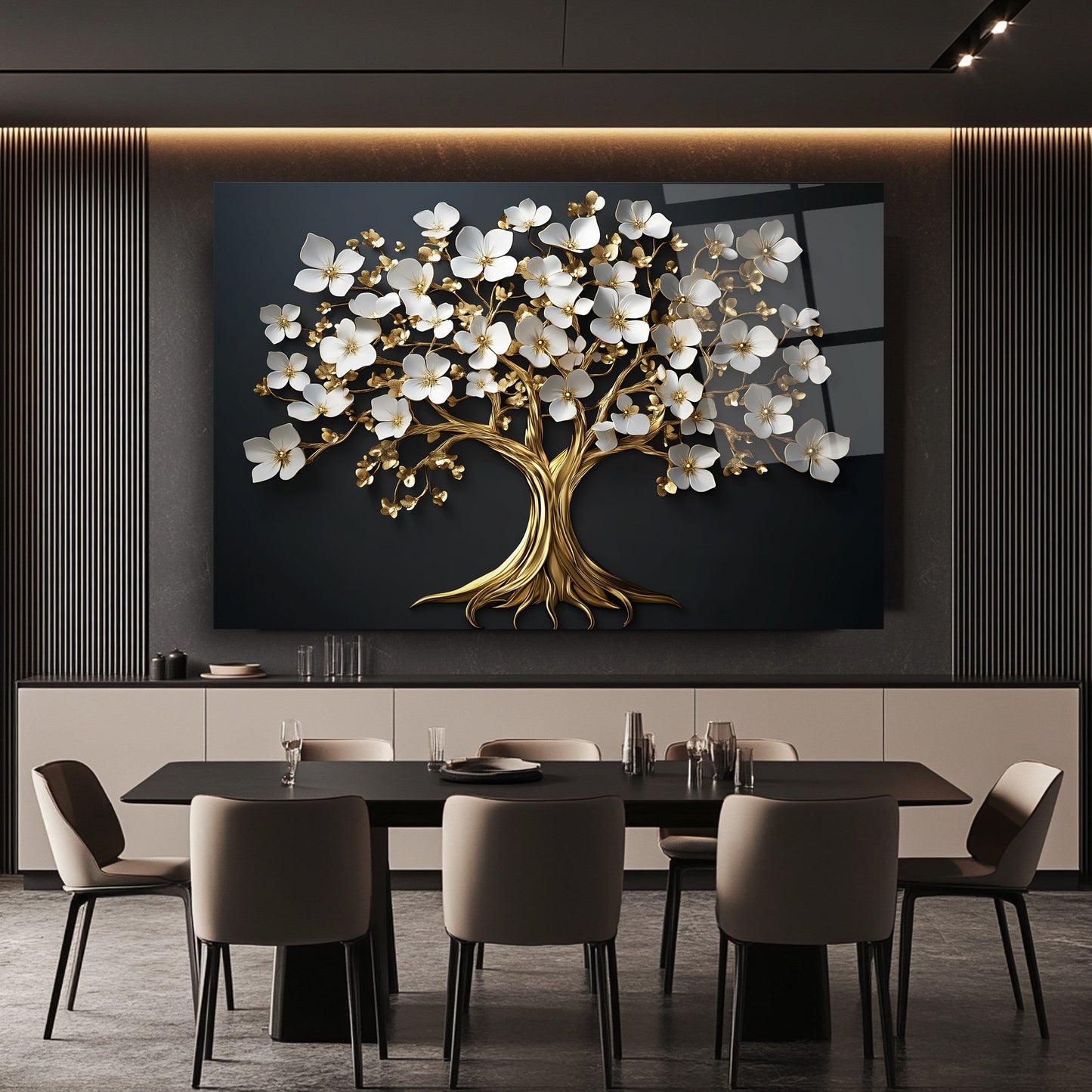 Beyaz Çiçekli Gold Ağaç Cam Tablo