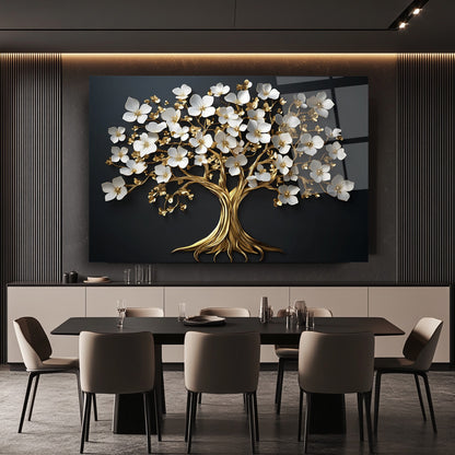 Beyaz Çiçekli Gold Ağaç Cam Tablo