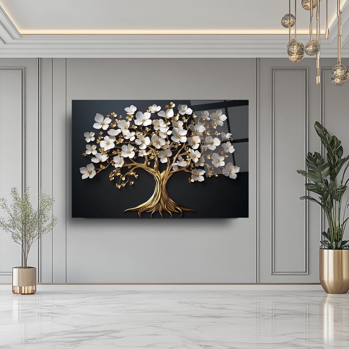 Beyaz Çiçekli Gold Ağaç Cam Tablo