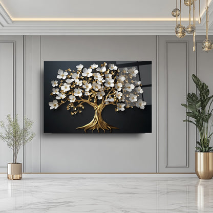 Beyaz Çiçekli Gold Ağaç Cam Tablo