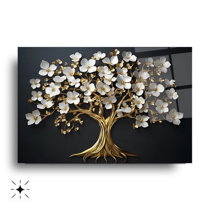 Beyaz Çiçekli Gold Ağaç Cam Tablo