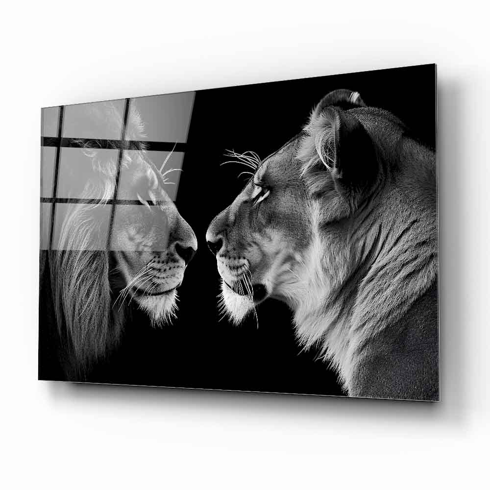 Erkek ve Dişi Aslan Cam Tablo