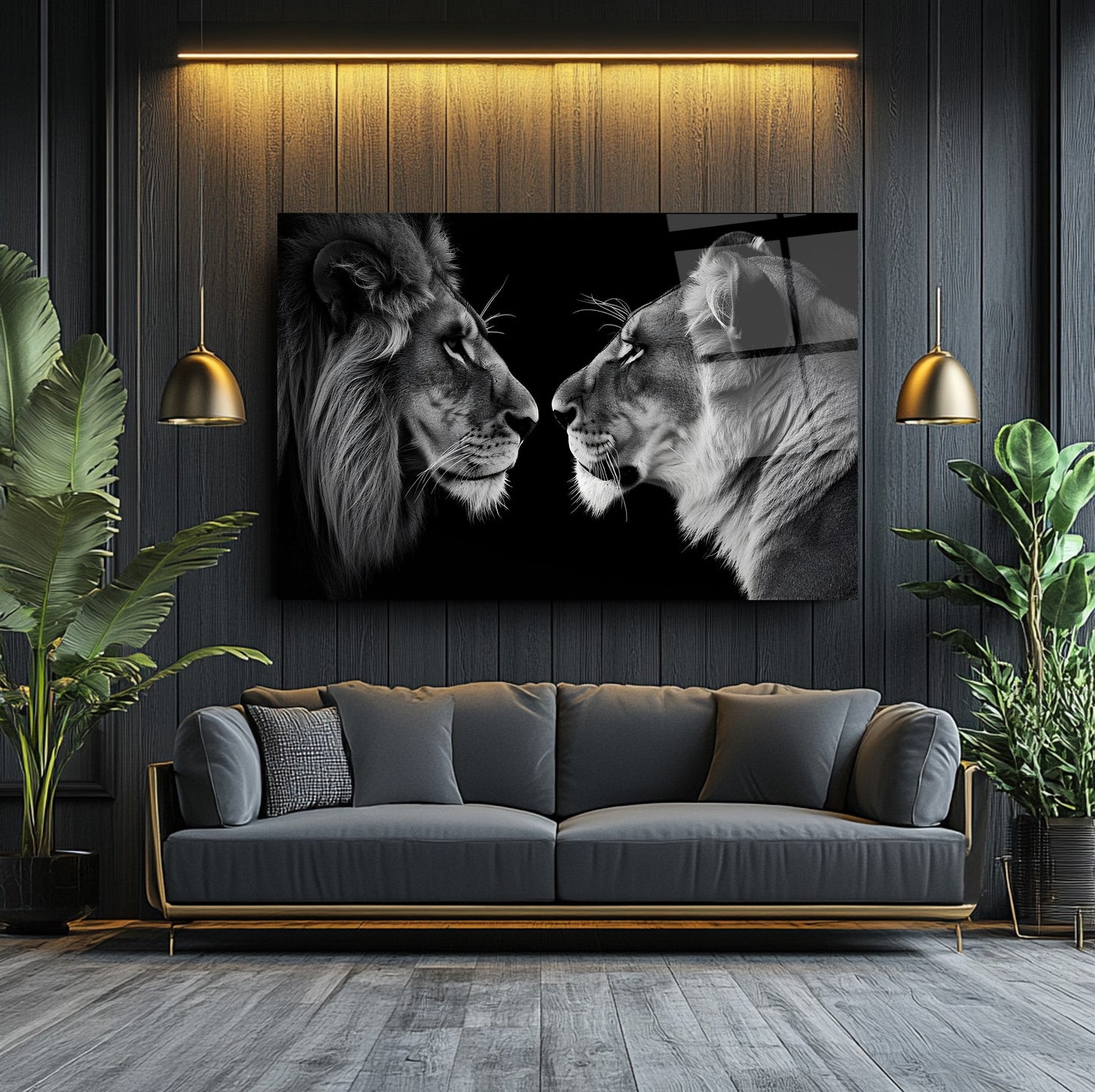Erkek ve Dişi Aslan Cam Tablo