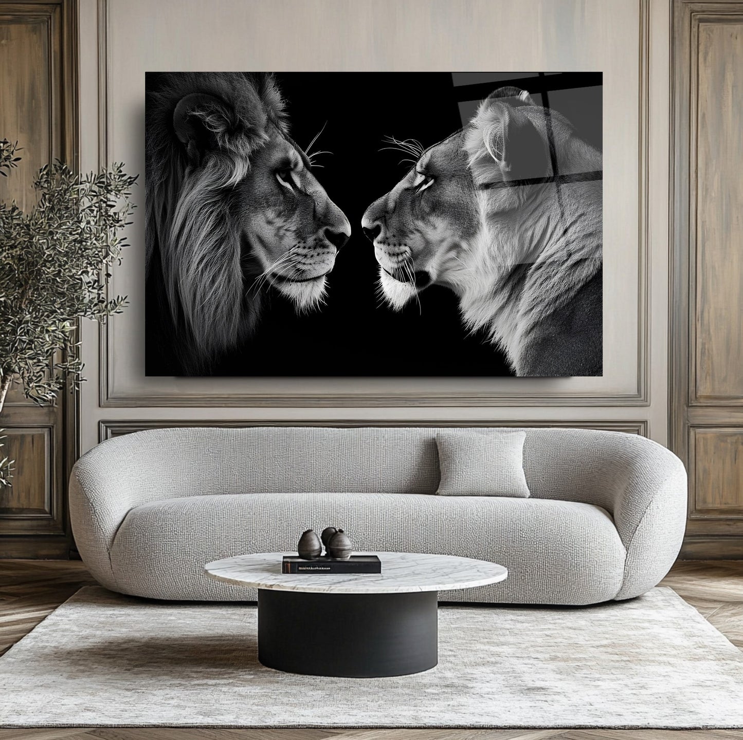 Erkek ve Dişi Aslan Cam Tablo
