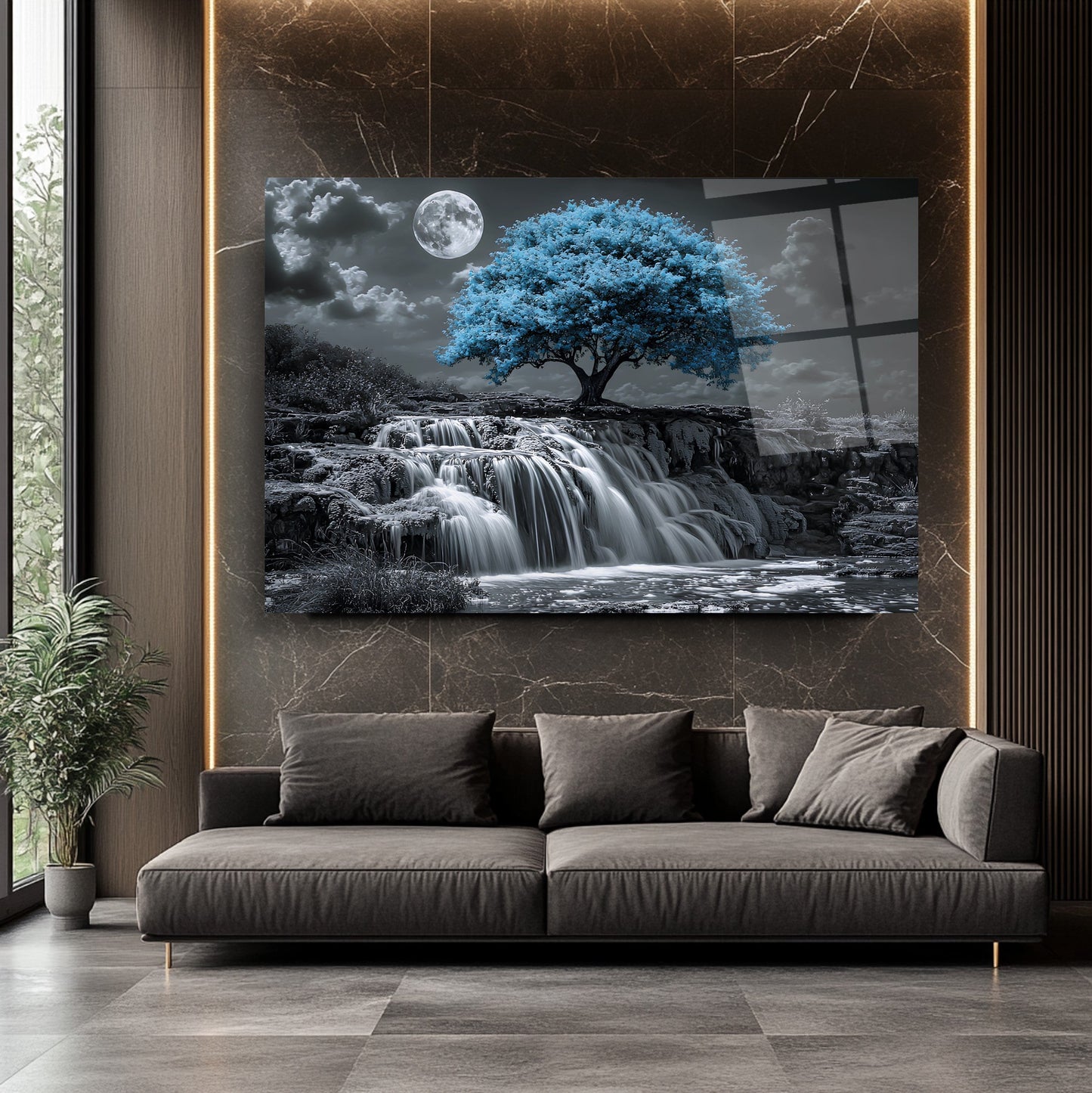 Mavi Hayat Ağacı Cam Tablo