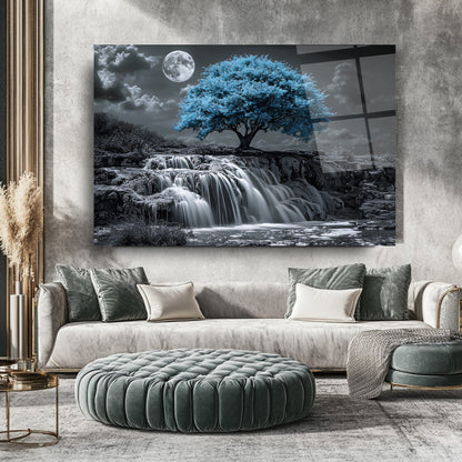 Mavi Hayat Ağacı Cam Tablo