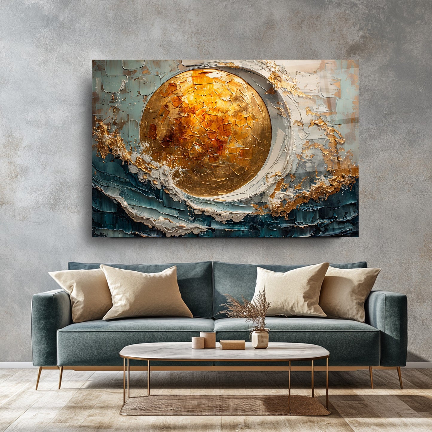 Denizde Gold Güneş Manzarası Cam Tablo