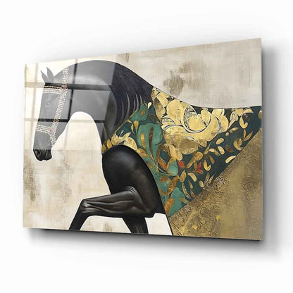 Gold Detaylı Siyah At Cam Tablo