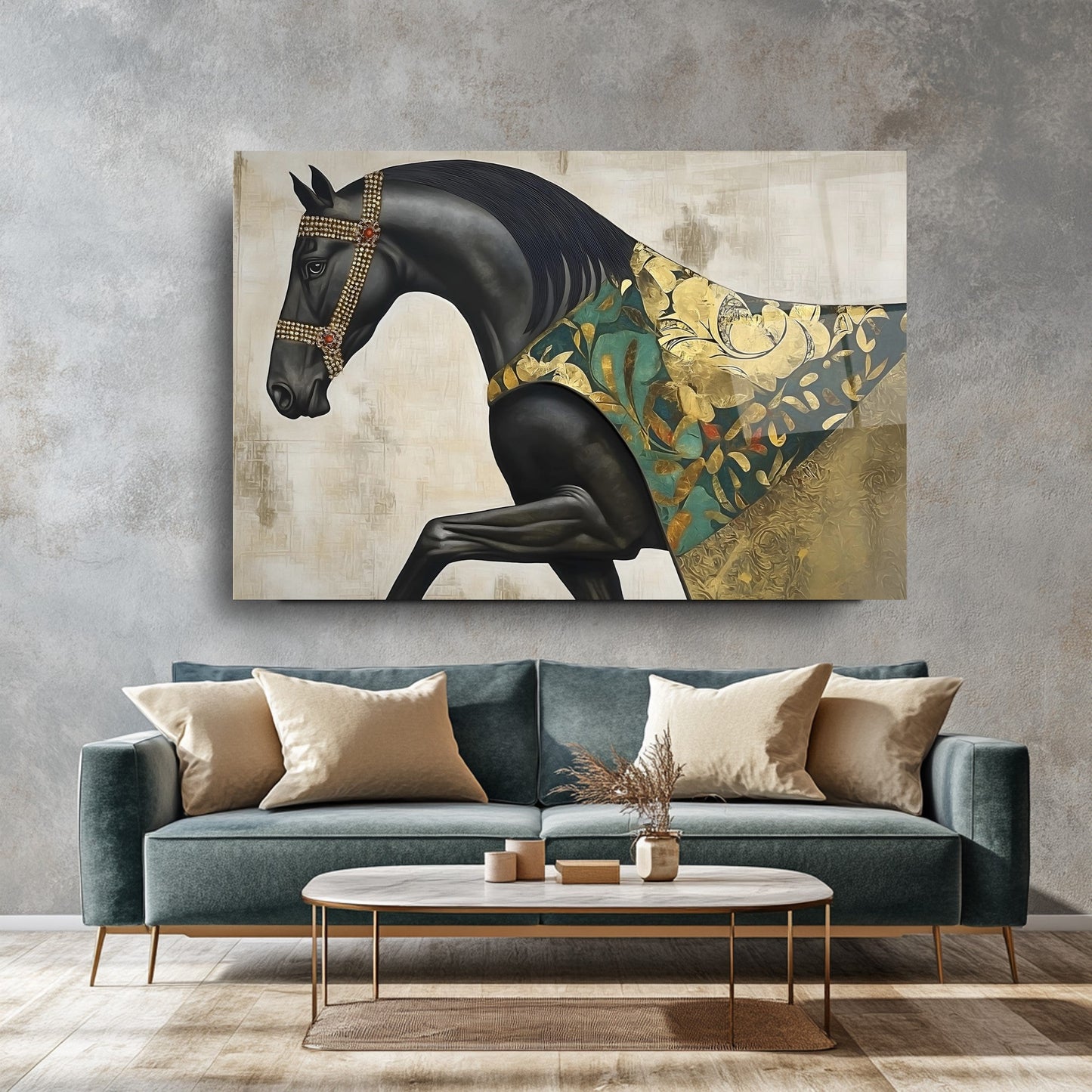 Gold Detaylı Siyah At Cam Tablo