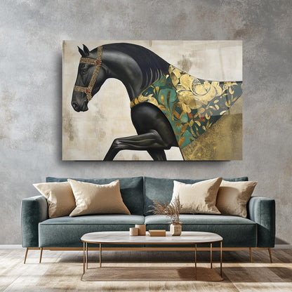 Gold Detaylı Siyah At Cam Tablo
