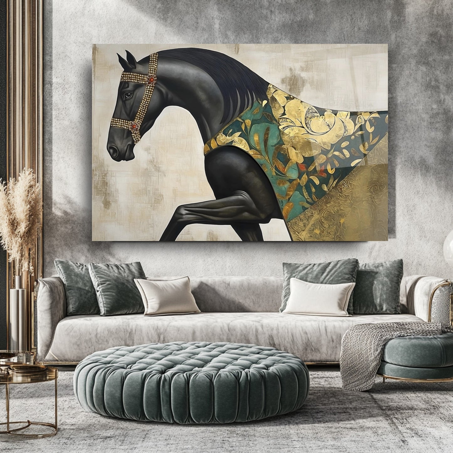 Gold Detaylı Siyah At Cam Tablo