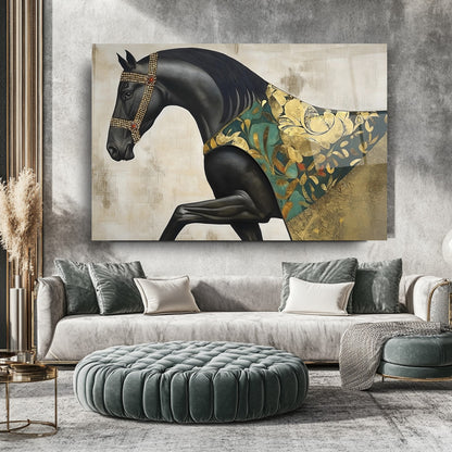 Gold Detaylı Siyah At Cam Tablo